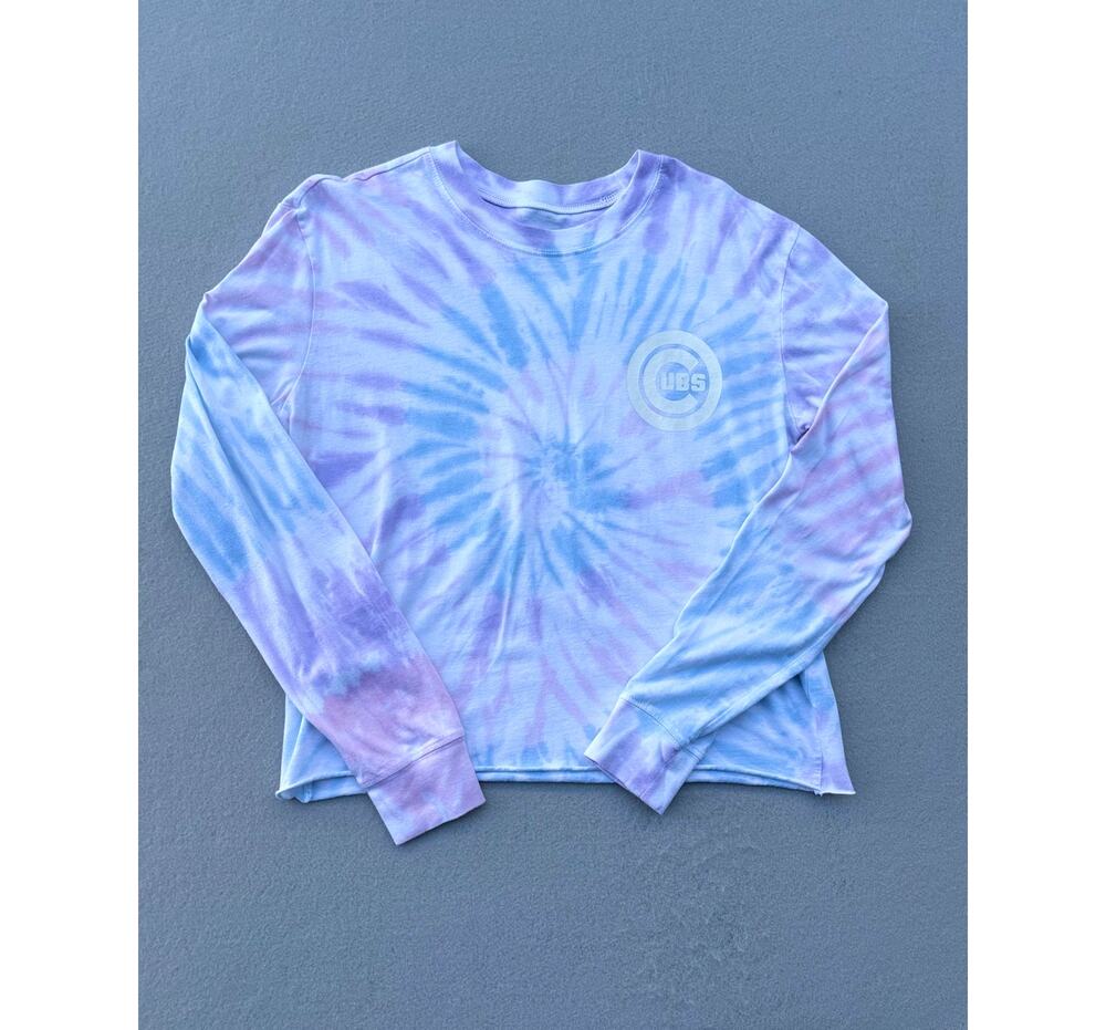 Chicago Cubs MLB Women's S Tie Dye Long Sleeve Cropped T-Shirt Purple Blue C3